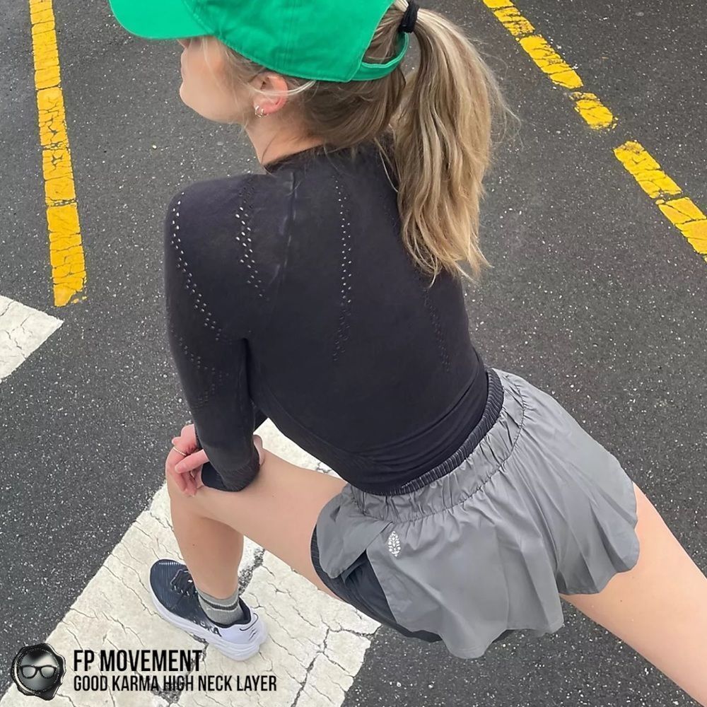 FP MOVEMENT GOOD KARMA HIGH NECK LAYER TOP IN WASHED BLACK COMPRESSIVE WORKOUT - Picture 8 of 13